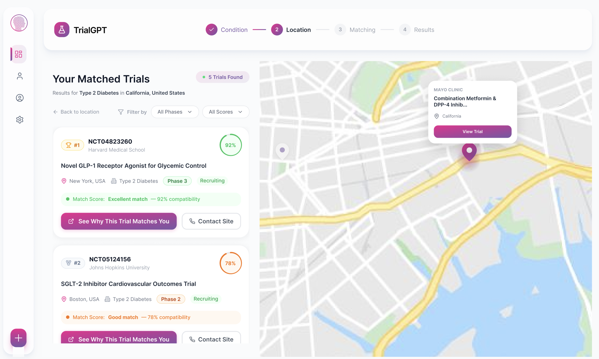 TrialGPT matched trials UI